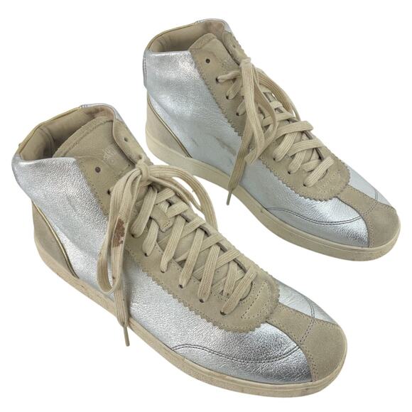 Coach Silver/Gold Metallic Leather Hi-Top Sneakers Shoes Womens Size 11 Preowned - Picture 1 of 7